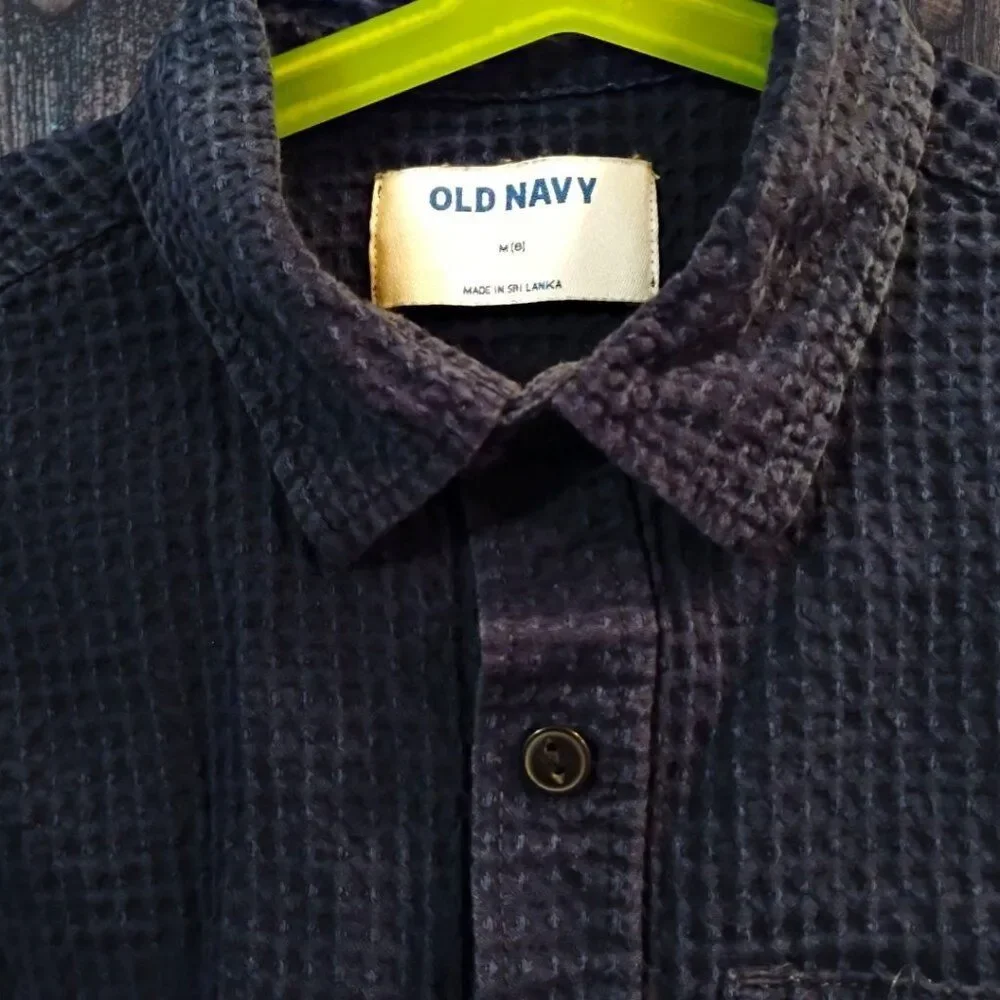 Old Navy Boys Indigo Blue Waffle Weave Button Down Shirt Sz M